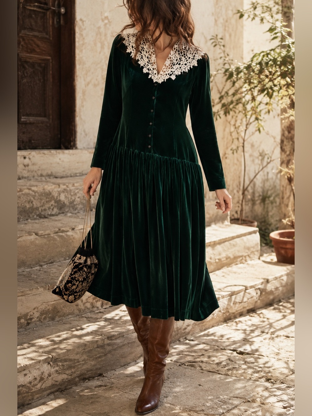 Vtg Brooks Brothers Green Velvet Dress Lace Collar USA Sz4 80s 90s  Old Money